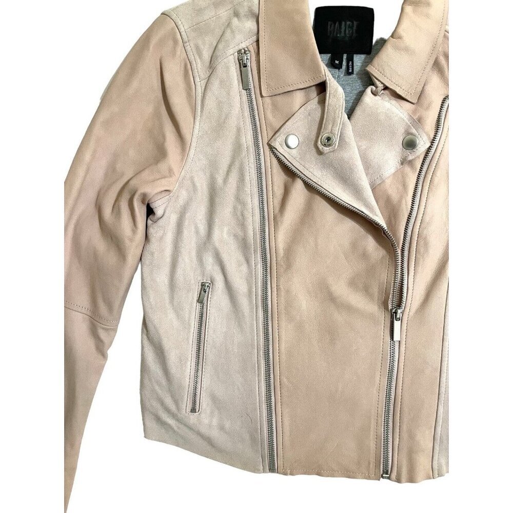 Paige Silvie Leather Moto Jacket Cropped Trim Pink Suede Leather Sz M - Picture 13 of 16